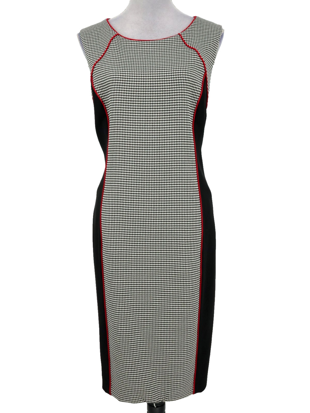 Kasper Dress Womens 14 Black White Houndstooth Lined Stretch Knit Zip Sheath